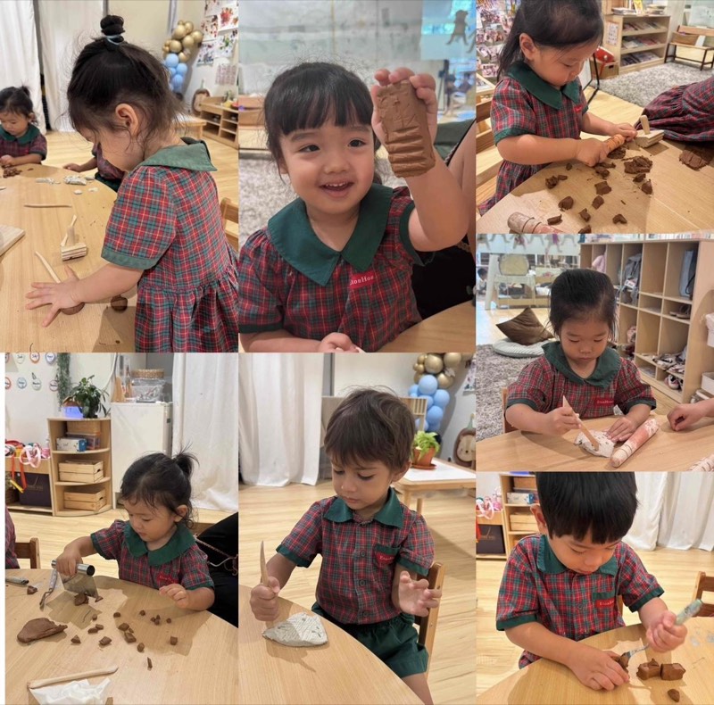 Nursery 1 children using tools to make marks in clay