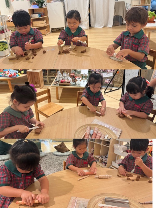 Nursery 1 children using tools to make marks in clay