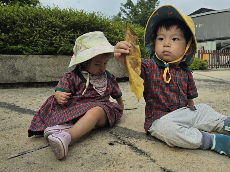 A Pre-Nursery child holding up a yellow leaf
